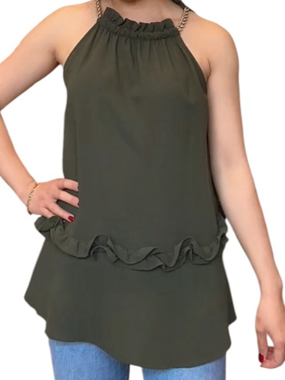 Michael Kors Olive Green Ruffle-Hem Gold Chain Halter Top size S